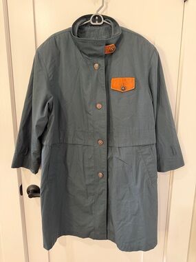 Classic Blue Trench Coat with Tan Suede Trim by Misty Harbor